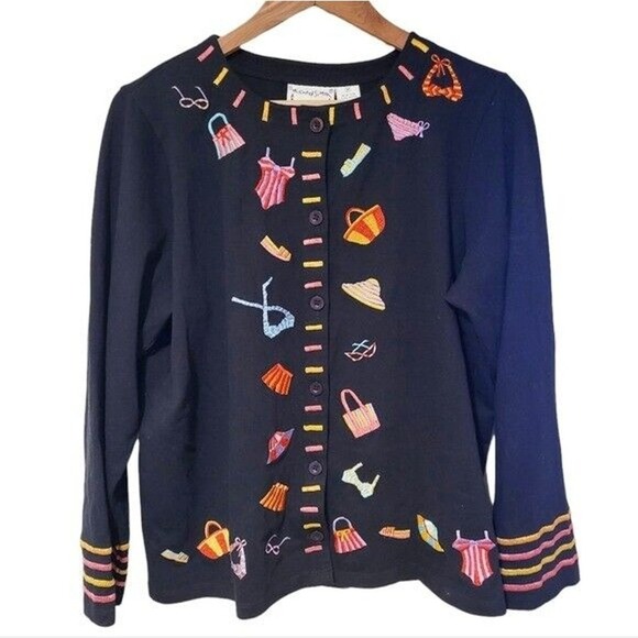Michael Simon Lite Womens Embroidered Cardigan Size M Shoe Purse Print Artsy - Picture 1 of 9